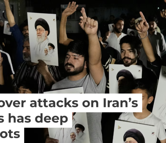 Shiite Muslims chant slogans during a demonstration in Lahore, Pakistan, on March 8, 2026, to condemn the killing of Ayatollah Ali Khamenei. AP Photo/K.M. Chaudary